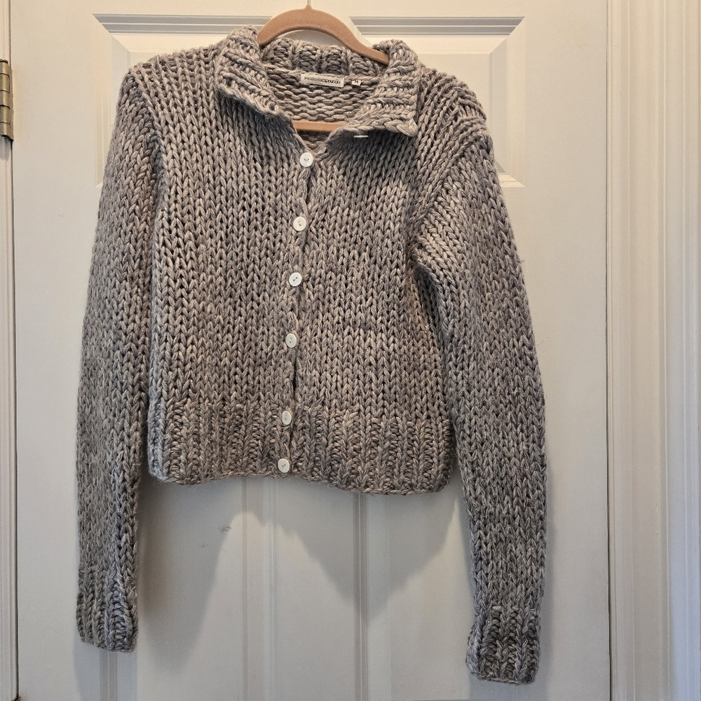 Vintage Italian Cardigan Sweater M Wool Mohair Collared Chunky Knit Button Gray